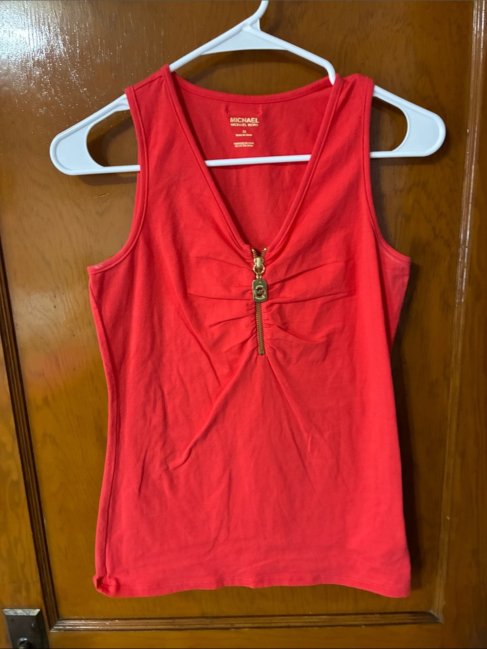 #7 - Michael Kors Women's Red Sleeveless V-Neck Tank with Gold Zip Accent